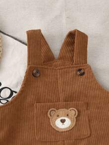 Salopette en velours côtelé pour tout-petits et bébés avec un design d'ours mignon, combinaison sans manches pour bébés garçons, printemps et automne - Kaki - Voir 4