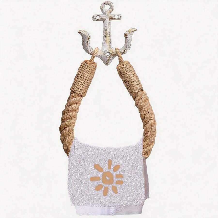 壁挂式复古航海绳索厕纸架,配黄麻毛巾环和金属锚钩 - 海岸风浴室配件,无需用电,不含羽毛 - 彩色 - 查看 1