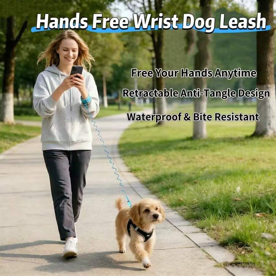 可调节腕带狗绳，弹性防缠绕防拉扯小型犬牵引绳，防水防咬反光宠物牵引绳，适合日常慢跑和散步