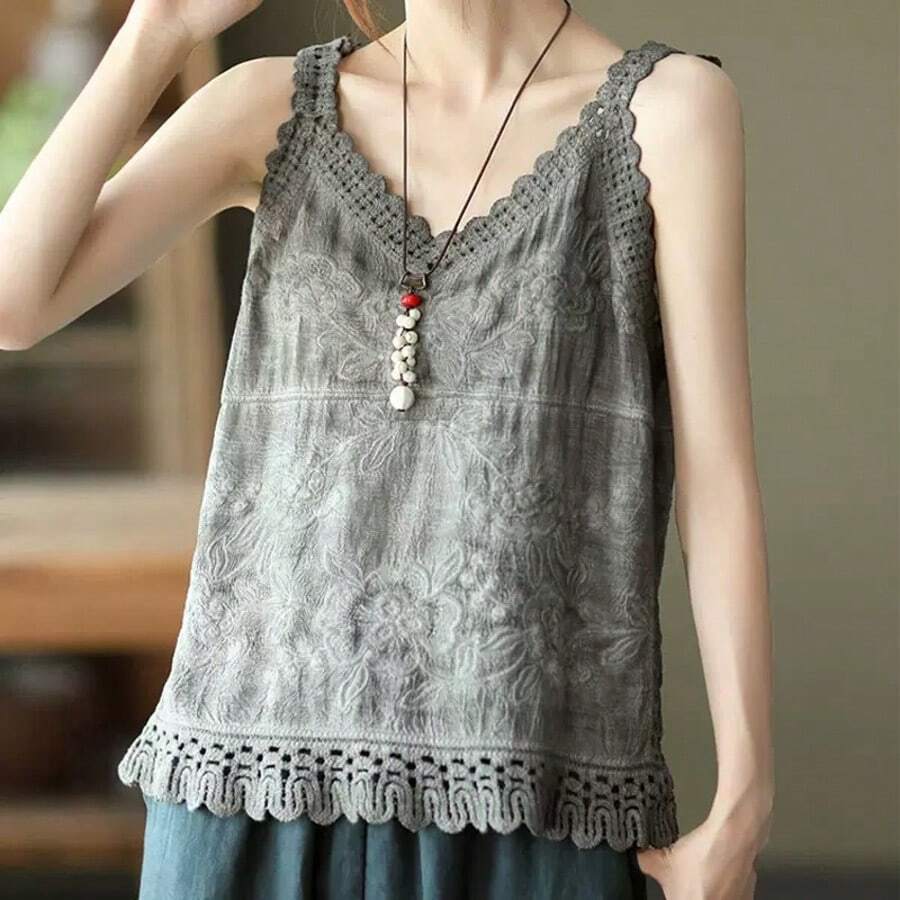 Áo hai dây cotton thêu họa tiết rỗng cho nữ, áo vest ren dáng rộng thoải mái cho mùa hè. - Màu xám đen - Xem 1