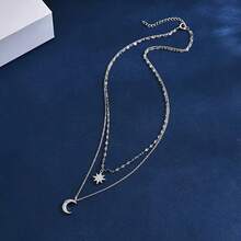 925 Silver Plated Layered Necklace Chain |   Star Moon Collarbone Necklace, Elegant And Sexy, Suitable For Casual Wear Or Gift Giving, Ideal For Daily And Gift-Giving Occasions - 1 - 查看 4