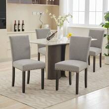 Sillas de comedor modernas tapizadas – Respaldo ergonómico alto, ribete de tachuelas, cojín acolchado, patas de madera resistentes, tela transpirable – Asiento de cocina cómodo sin brazos – Beige - Gris - Ver 6