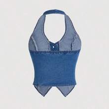 ICON Y2K Style Blue Stretch Cropped Denim Halter Backless Tank Top - Lavado ligero - Ver 3
