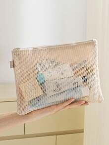 1Pc/Set Mesh Makeup Bag Set Multifunctional Women's Double-Layer Storage Bag Portable Travel Cosmetics Storage Bag Inner Bag Skincare Bag Toiletries Bag To Storage Skincare,Lipstick,Charger,Earphone,Lipstick,Change,Coin,Etc,Gift For Friends,Teachers - Apricot - View 8