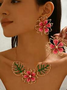 Set Perhiasan Wanita 3pcs/Set Kalung dan Anting Bunga Berongga Warna-warni Gaya Bohemian Musim Panas, Cocok untuk Acara Santai, Pantai, Kencan, Pesta, dan Hadiah. - Merah dan hijau - View 5