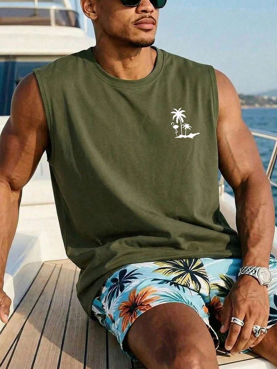 1件男士休闲椰树印花圆领背心,夏季 - 軍綠色 - 查看 1