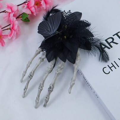 Gothic Style Black Skull Claw Hair Clip, Black Mesh Butterfly Feather Hair Accessory For Halloween Costume Party