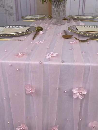 1 pièce Chemin de table floral rose perle, chemin de table en mousseline de soie blanche à fleurs roses, convient pour les saisons, la table à manger, le mariage, l'anniversaire, la baby shower. Chemin de table en mousseline de soie transparent, applicable pour l'anniversaire, la Saint-Valentin, le bal et d'autres décorations de table de fête. Fait main, chemin de table en mousseline de soie rose perle, nappe de table de mariage en dentelle