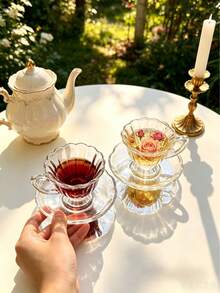 6組/1組小眾高級玻璃茶杯碟組，花瓣形玻璃高腳杯碟，宮廷風花卉玻璃咖啡杯、濃縮咖啡杯碟組，含咖啡杯與碟，適用於飯店、餐廳、居家使用、桌面裝飾、下午茶、喝咖啡、花茶、個性化禮物、紀念品、廚房用品、派對、聚會、生日、婚禮禮物及晚餐，亦適合情人節、母親節等節日禮物 - 彩色 - 查看 4