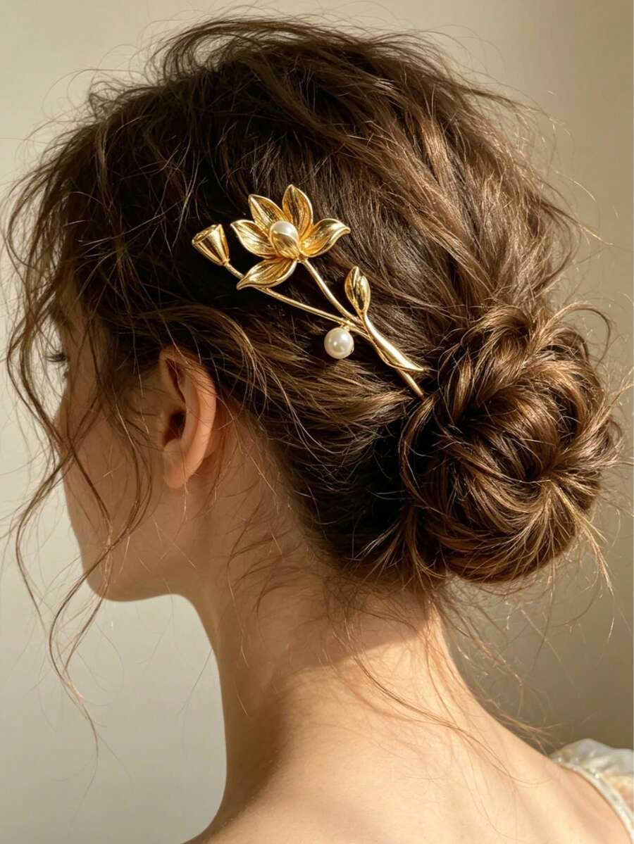 1pc Gold Pearl Inlaid Lotus Hair Stick, Minimalist Bridal Hair Accessory, Suitable For Daily, Vacation Party, Wedding And Bridesmaid - Multicolor - View 1