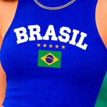 Cropped High Neck Ribbed Tank Top Sizes P To GG With "BRAZIL" Written On It Summer Fashion Women's Blouse - Blue - View 3
