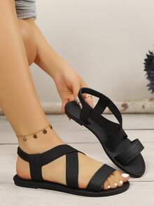 Women's Crisscross Elastic Strap Flat Sandals, Open Toe Back Strap, Casual Summer Beach Shoes - Black - View 7