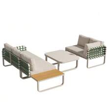 Garden Lounge Set (4-5 Seats), Green Rattan And Leather Garden Furniture Set, Modern Outdoor Sofa Set Including All Seat And Back Cushions, Set For Balcony, Garden And Terrace, Apricot - 杏色 - 查看 8