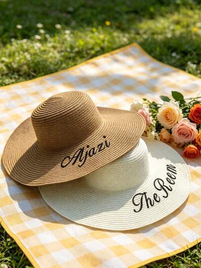 Personalized Wide Brim Hat, Soft Straw Hat With Removable Black Ribbon And Embroidered Name, Suitable For Beach, Pool, Bridesmaid, Bachelorette Party, Birthday, Pajama Party, Wedding And Other Occasions, Can Be Given As A Gift For Valentine's Day, Wedding, Spring/Summer/Fall Accessory
