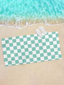 1pc Checkered Print Beach Towel, Large Size, Soft & Absorbent Striped Beach Bath Towel, Suitable For Travel, Vacation, Sports, Bathroom, Swimming Pool And Camping, Highly Absorbent Material - Mint Green - View 9