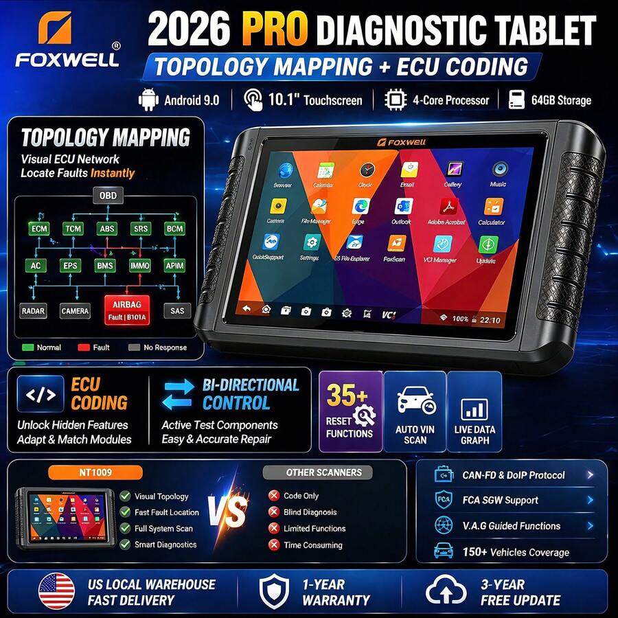 FOXWELL NT1009 10.1 Inch Big Tablet Obd2 Scanner, DIY Fix Throwing Codes, Topology Mapping Diagnostic Tool, Bidirectional Active Test & ECU Coding, DIY Fix Throwing Codes, All System Check Engine Light, Code Reader Scan Tool With 36+Services, Professional Mechanic Tool, No-Brainer Buy Garage Gift For Car Lovers, Dad, Husband, Boyfriend