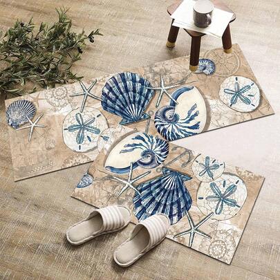1pc Seashell Pattern Printed Rug, Long Doormat Series, Suitable For Living Room, Laundry Room, Bathroom, Bedroom, Kitchen