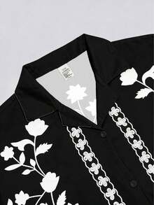 Men's Plus Size Pajama Set Floral Print Burnt Orange Suit Collar Short Sleeve Lapel Shirt Top - Double Pocket Drawstring Shorts Pajama Pants - Boyfriend Birthday Gift Knit Fabric - Spring Summer - Vacation Beach Travel - Home Loungewear Set 2pcs - Black and White - View 3
