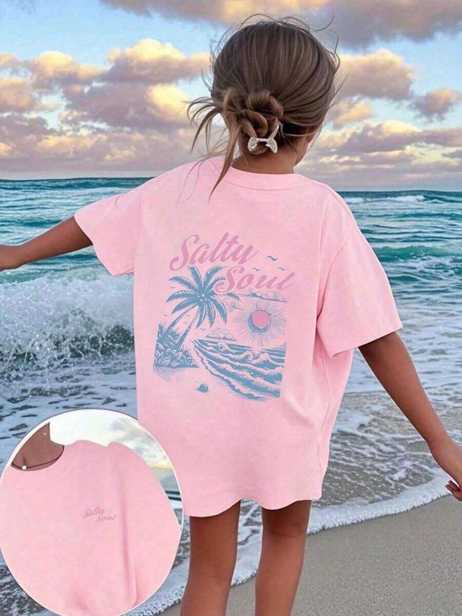 2026 Tropical Vacation Outfits2026 New Arrival Women's High Quality Salty Soul Graphic T-Shirt, Premium Cotton Vintage Washed Oversized Tee With Palm - 粉色 - 查看 1