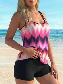 Pink Purple Gradient Jagged Wave Pattern Double Spaghetti Strap Tankini U-Neck Ruffle Hem Tankini Shorts Two Pieces Swimwear - Multicolor - View 3