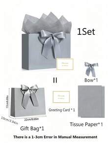 4pcs/Set Gift Bags Set, Champagne Silver Gray Gift Bag Set, Luxury Gift Bags With Handles, Bow Decor Paper Gift Bags With Tissue Paper Card And Ribbon For Wedding Birthday Valentine Bridesmaid Christmas Party Gift Packaging - Silver-gray - View 5