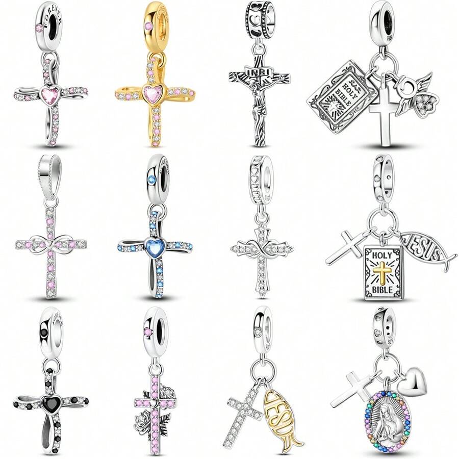 1pc Classic Religious Style 925 Sterling Silver Jesus Cross Pendant, DIY Bracelet Necklace Making Gift For Women, Hypoallergenic - KJC1703 - View 1