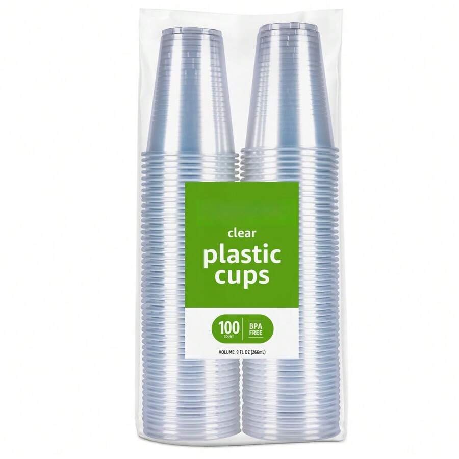 100PCS 9oz Clear Plastic Cups Bulk - Small Disposable Cold Drink Cups For Party, Wedding, BBQ, Camping & Everyday Use, Stackable Space Saving Design - 9 Ounces - View 1