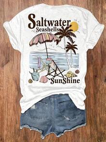 Camiseta Básica Mexicana para Mujer con Estampado de Conchas Marinas y Palmeras de Playa, Top Casual de Manga Corta para Vacaciones, Ropa de Mujer, Nuevo Lanzamiento - Blanco - Ver 5