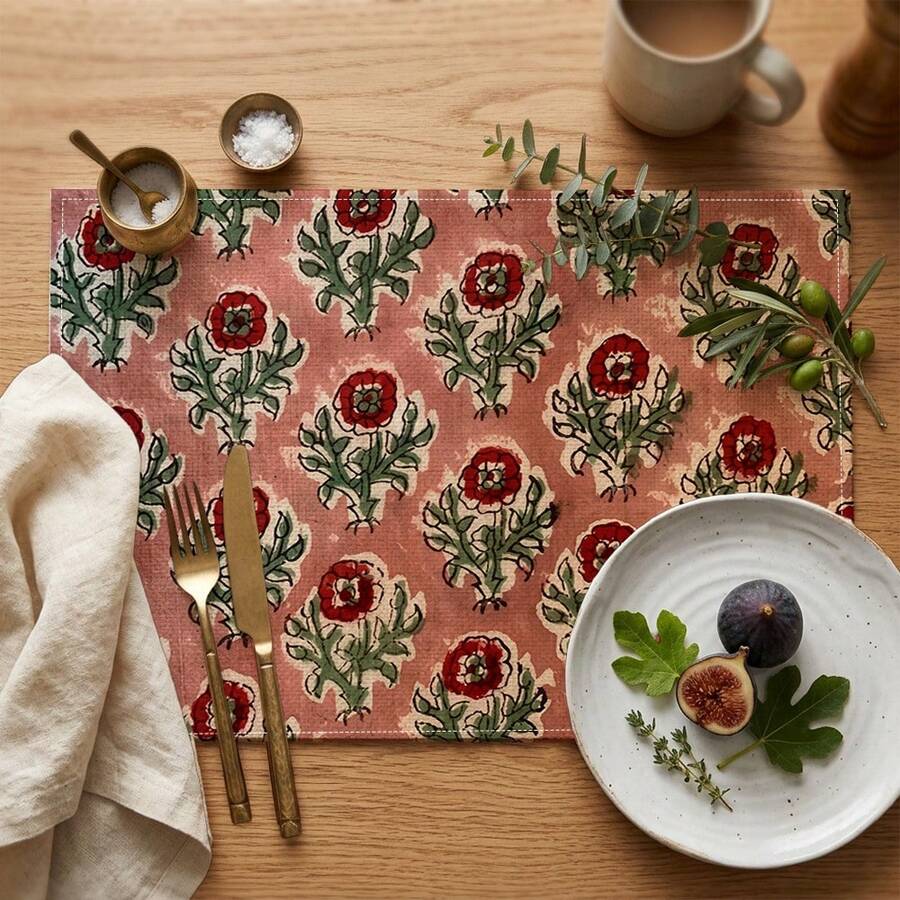 2/4/6/8pcs Vintage Floral Print Rectangular Placemats, Suitable For Home, Restaurant, Holiday Celebration, Banquet Table Decor - Multicolor - View 1