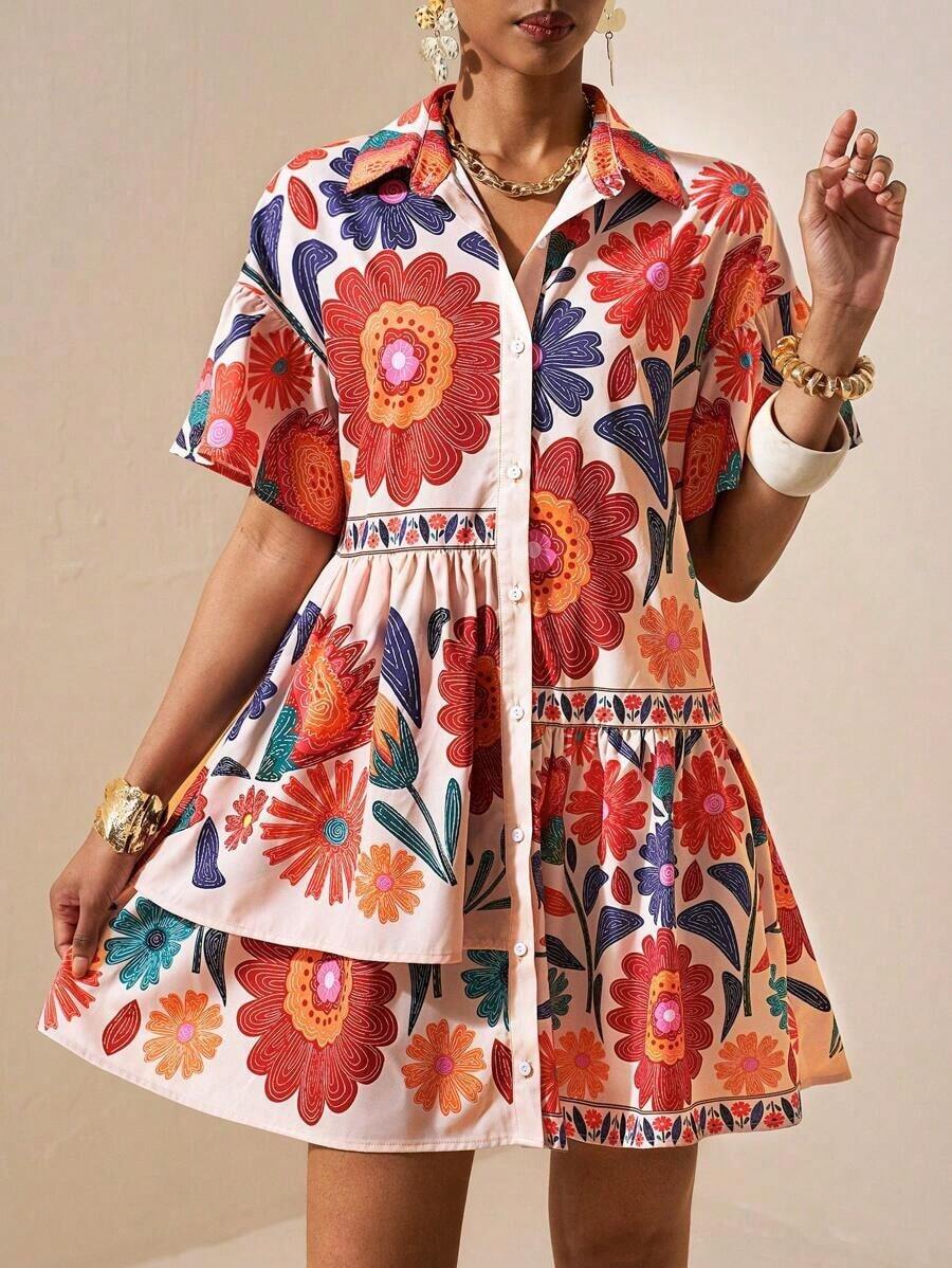 Vestido corto estilo camisa para mujer, color amarillo pastel sólido, cuello de camisa, mangas cortas abullonadas y falda con volante asimétrico, diseño fresco y holgado, ideal para primavera-verano, vacaciones, playa, festivales, viajes y todo tipo de ocasiones - Multicolor 2 - Ver 1
