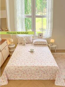 1pc Pink Floral Print Lightweight Breathable Soft Comfortable Bed Sheet With Ruffle Edge, Skin-Friendly And Non-Fluorescent, Suitable For All-Day Use And Nude Sleeping, Fits All Bed Sizes - Single, Double, Queen, King, Essential For Home And Student Dorm, All-Season Use For The Whole Family - Mountain Flowers In Full Bloom - View 3