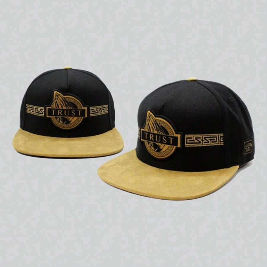 Men Baseball Cap - Black and Gold Suede Color Blocking - View 1