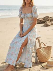 Summer Floral Print Tie Front Maxi Dress For Women Boho Short Sleeve Ruched Sundress Lightweight Beach Party Dresses - 粉紅色花卉 - 查看 6
