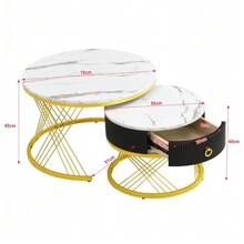 Elegant Modular Coffee Table: Marble Look, Gold Decor, Side Table With Drawers – Set Of 2 - 白色 - 查看 3