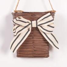 1pc Retro Hanging Flower Basket, Woven Rattan Flower Basket With Blue Ribbon Bow, Portable Wall-Mounted Flower Basket For Home, Garden, Kitchen, Bathroom Decor - Brown - View 6