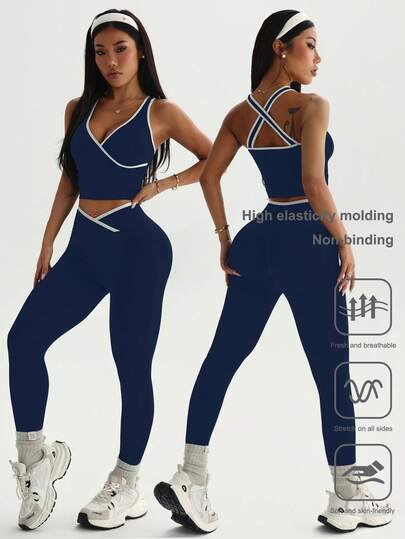 Marineblauer rückenfreier Yoga-Set für Frauen, Leggings mit hoher Taille und Liftwirkung, Fitness-Lauf-Outdoor-Schnelltrocknend-Pilates 2-teiliger Anzug, elegant