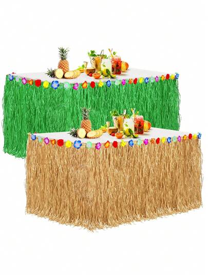 1 chiếc váy phủ bàn kiểu Hawaii Luau bằng cỏ, váy phủ bàn bằng sợi raffia nhiệt đới với hoa dâm bụt nhiều màu sắc, 200x60cm, thích hợp cho tiệc bãi biển mùa hè, quán bar Tiki, sinh nhật, tiệc nướng BBQ, trang trí tiệc theo chủ đề Aloha.