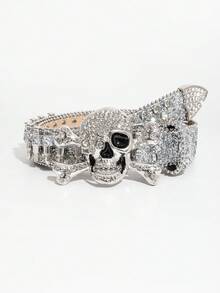 1 pieza Cinturón de jeans estilo punk rock plateado para hombres, hebilla de metal con calavera decorada con láser de strass, accesorio versátil para uso diario - Plateado - Ver 4