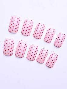 24pcs/Set Square Red Polka Dot Press-On Short Nails, Suitable For Girls, Office Ladies, Parties, Dates And Daily Wear - Multicolor - View 2
