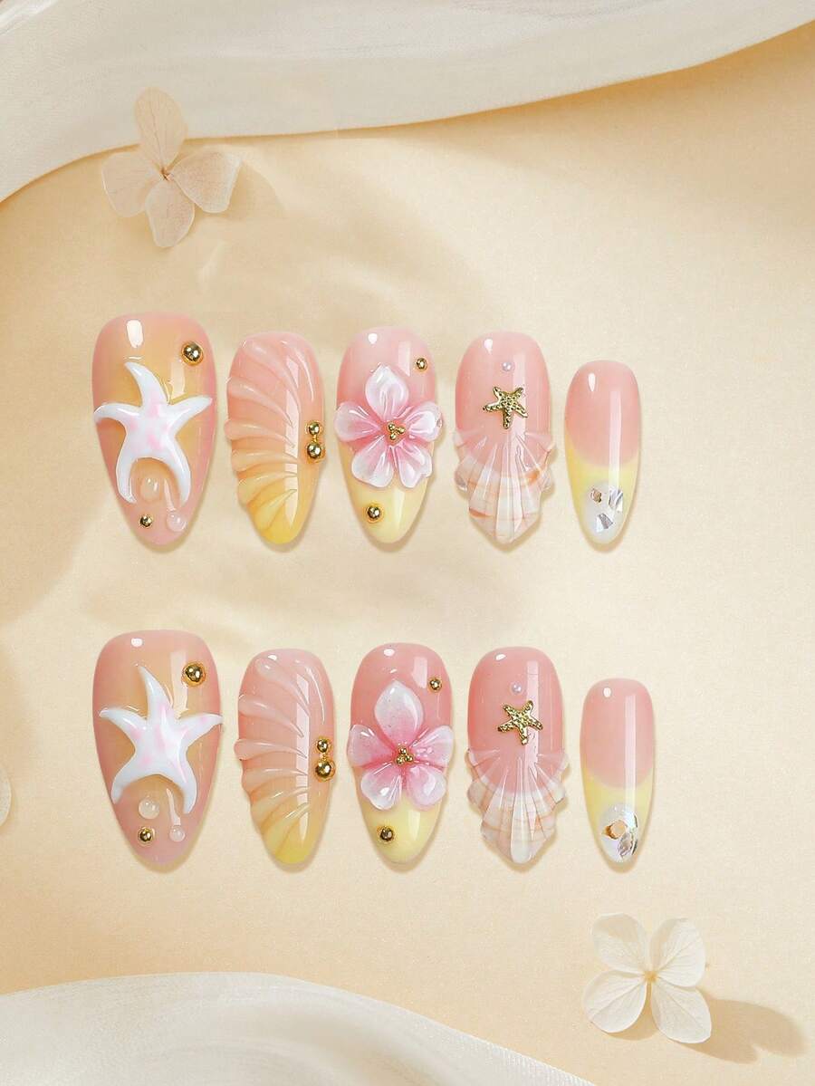 10片手工杏仁形3D凝胶美甲贴纸，奢华甜美海滩风，海洋海星贝壳图案，3D花朵和金色珠子装饰，蜜桃黄渐变色，沙滩美甲，夏季必备，亚克力美甲套装包含1片果冻凝胶和1个指甲锉，可重复使用的全覆盖式按压美甲，光泽亮丽，适合夏季度假、日常佩戴和派对，美甲用品，女士配饰