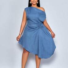 Women's Elegant Solid Color Asymmetric Collar Side Drawstring Ruched Fashion Linen-Like Fabric Dress Baby Blue Casual Dress For Women Deeka Chic Dresses For Women High Quality Dress New Arrival Dress For Women Casual - Albaricoque - Ver 7