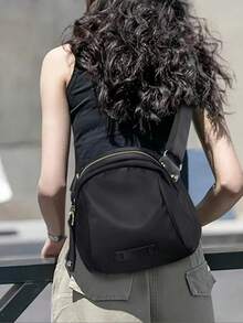 Black Minimalist Round Crossbody Bag, Durable, Suitable For Daily Commute, Women's Nylon Messenger Bag, Waterproof Shoulder Bag, Multi-Zipper Courier Bag - Black - View 12