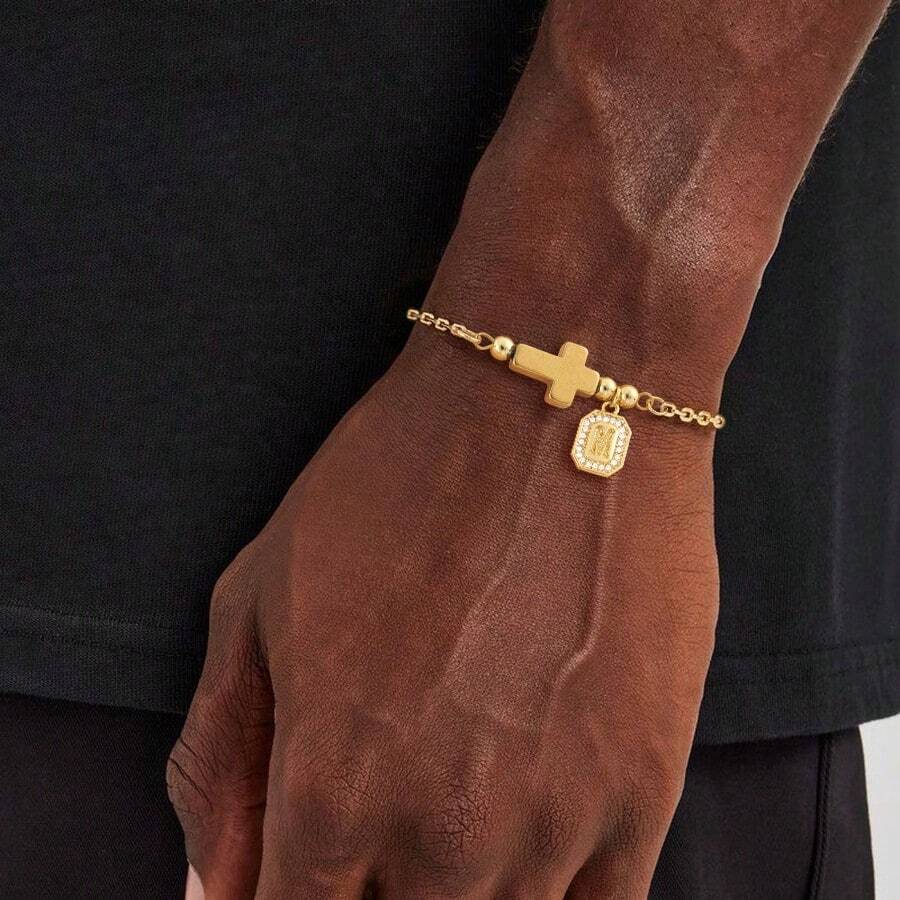 1 Peça Nova Pulseira de Aço Inoxidável com Corrente e Letra Dourada em Forma de Cruz para Homens - Ouro amarelo - Visão 1