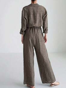 Women's Casual Solid Color Lapel Long Sleeve Jumpsuit Spring Elegant - Grey - View 2