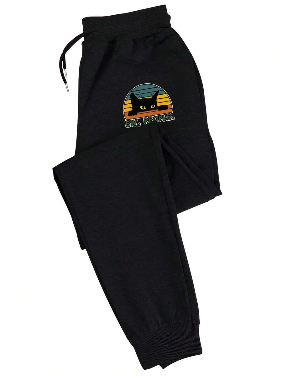 A Pair Of Men's Casual Sweatpants, Printed With A Pattern, Elastic Waistband, Comfortable Polyester Sweatpants With Pockets - Black - View 1