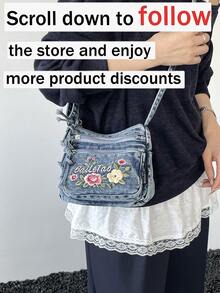 Tas Selempang Mini Modis dengan Bordir Bunga dan Banyak Kantong untuk Jeans – Tas Bahu Wanita Serbaguna, Tas Jeans Kecil, Tas Ibu dengan Tali yang Dapat Diatur - Biru - View 3