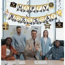 JKQ Happy Boss's Day Banner International Boss Day Paper Bunting Banner Boss's Day Best Boss Ever #1 Boss Party Banner for Office Wall Mantel Fireplace Party Hanging Decorations Supplies - negro y dorado - Ver 8