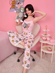 Noctvar OBM Sleepwear X TOM & JERRY 女士貓鼠印花吊帶背心和長褲家居服套裝 - 彩色 - 查看 5