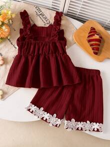 2pcs/Set Girls' Casual Floral Trim + 3D Bow Camisole Matched With Floral Trim Shorts Outdoor Set, Spring/Summer - Multicolor - View 2