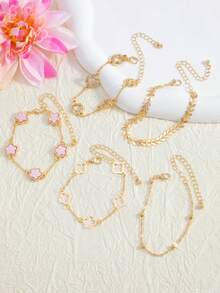 Bộ 5 vòng tay hình cỏ bốn lá rỗng cổ điển và máy bay, vòng tay đa chức năng hình cỏ năm lá may mắn màu hồng có thể xếp chồng lên nhau (Do cắt thủ công, số lượng và khoảng cách giữa các hạt có thể thay đổi ngẫu nhiên nhưng chiều dài cố định, điều này sẽ không ảnh hưởng đến hiệu quả khi đeo). - Nhiều màu - Xem 6